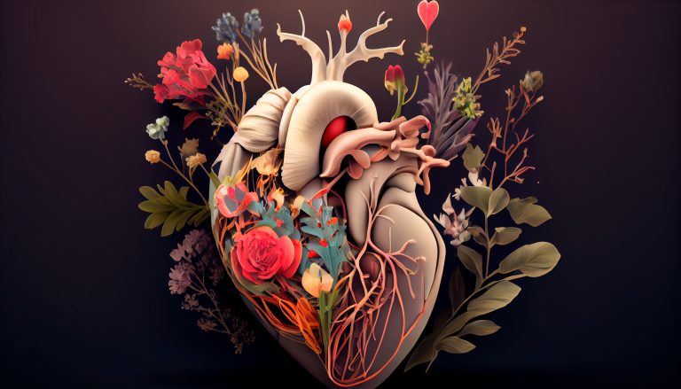 Human heart with flowers, love and emotion concept, good hearted